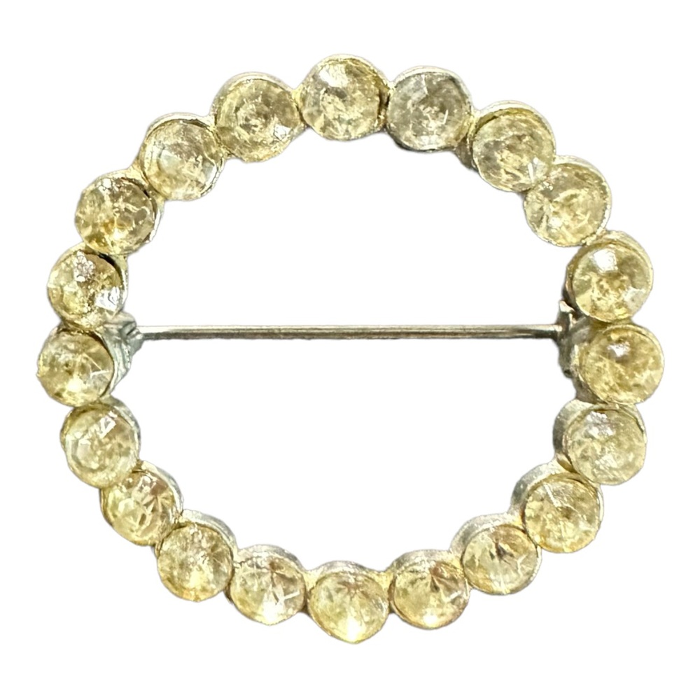 Estate Jewelry Vintage Clear Rhinestone Round Brooch 1 1/4” Beautiful Gold Pin